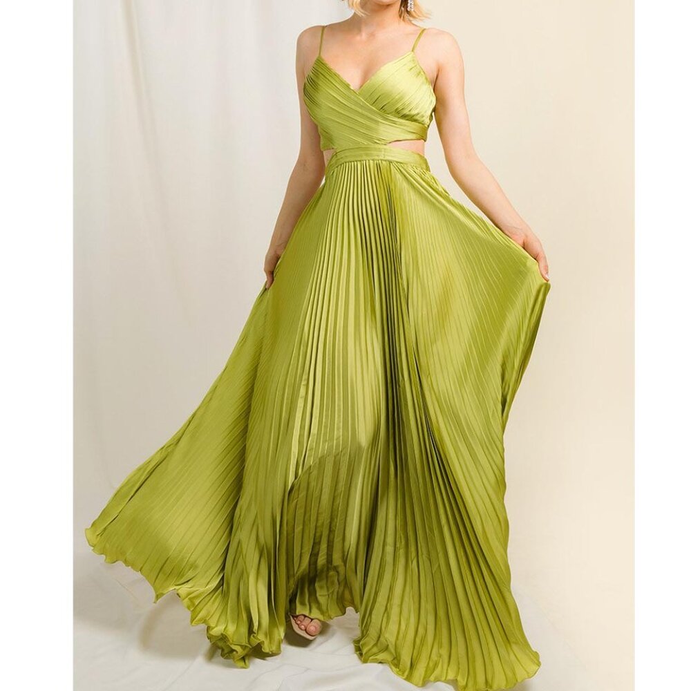Lime Green Pleated Cutout Formal Wedding Party Maxi Dress 8 - Picture 3 of 5